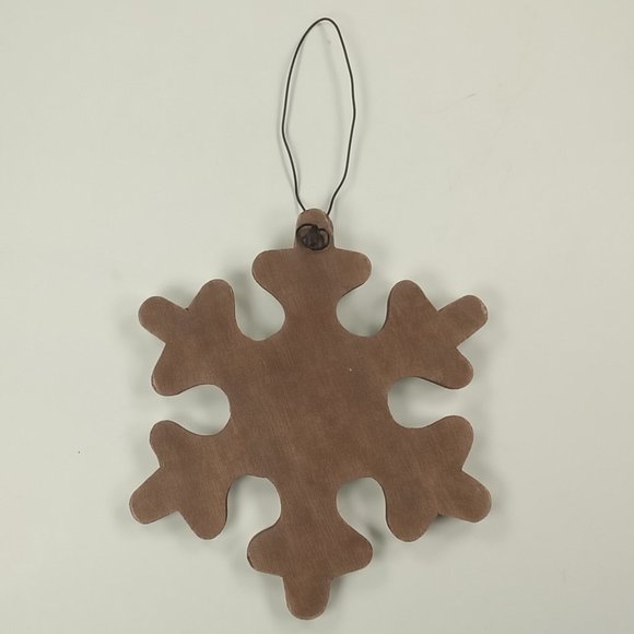 Snowman Head Snowflake Country Rustic Wooden 5" Christmas Ornament Wire Hanger - Picture 2 of 3